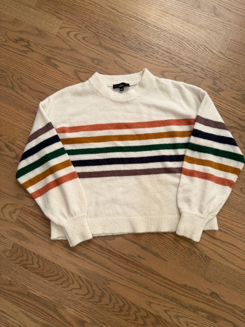 Lulu's White Crewneck Sweater with Multicolor Stripes